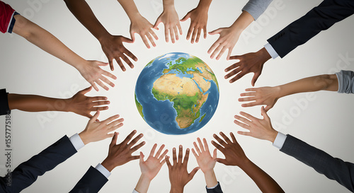 Diversity and unity in a global community. Collaboration and teamwork with hands around the world earth for humanity, peace and environmental support