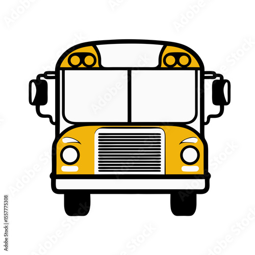Yellow school bus front view on white background  