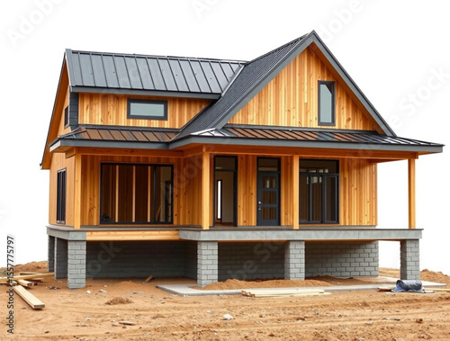 View of a two story wood house with a metal roof and a porch on a construction site with dirt ground created with generated ai