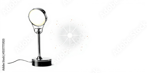 A chrome desk lamp with a circular head illuminates a starburst against a white background space here created with generated ai
