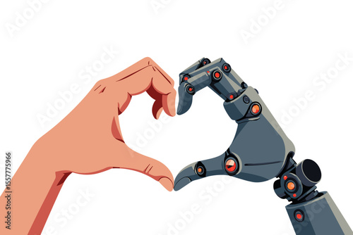 Human hand and robotic hand forming heart shape on white background  