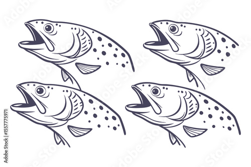 Four line art trout fish designs open mouths
