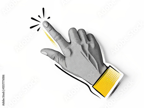 Illustration of a hand with a yellow wristband and a finger touching with a sparkle effect above created with generated ai