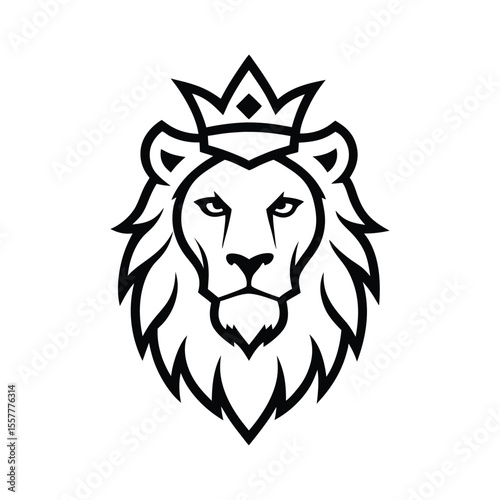 Vector of lion head wearing royal crown, detailed illustration art with flowing mane in heraldic style. 