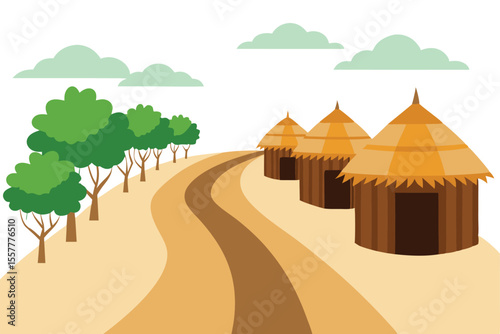 Cartoon African Village Hut Homes, Trees, Earthy Path, and Cloudy Sky