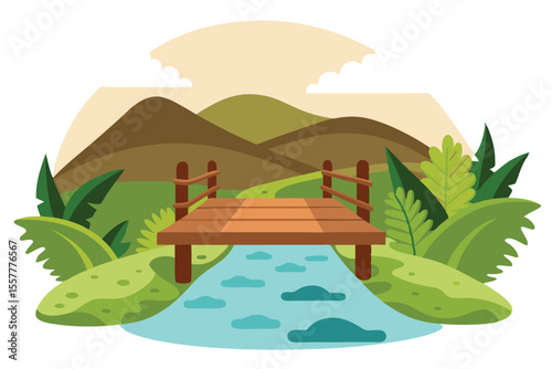 Cartoon Landscape Bridge Over River, Hills, Sky, Greenery, Illustration