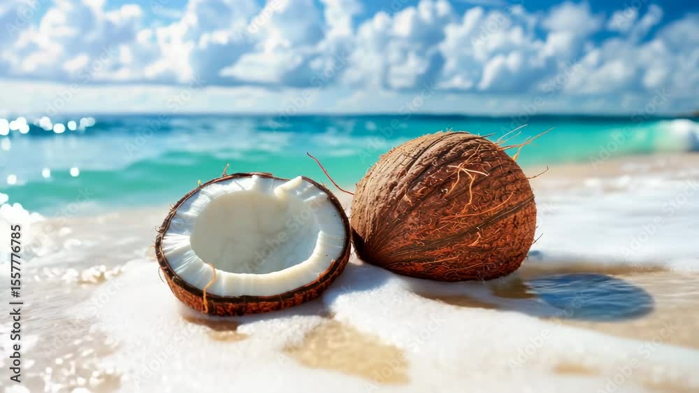 Fresh coconut on sandy beach with foamy waves and turquoise ocean under a bright sky