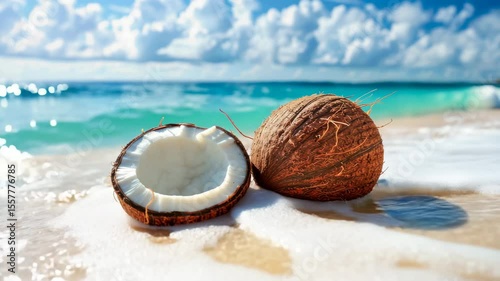 Fresh coconut on sandy beach with foamy waves and turquoise ocean under a bright sky