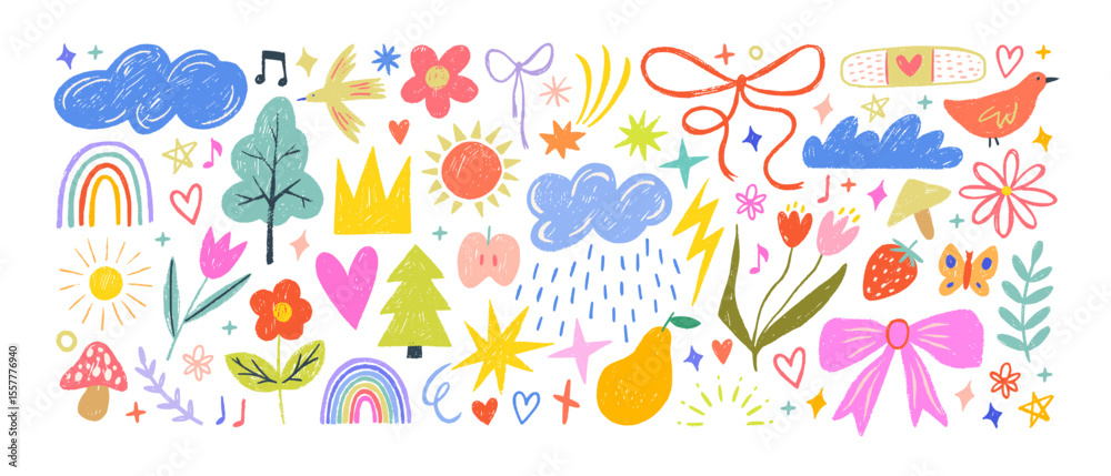Crayon drawn kid doodle collection. Colorful childish elements like clouds, flowers, bows, rainbows and sun. Adorable girly doodle collection. Naive vector illustrations. Crayon drawn kid drawings.