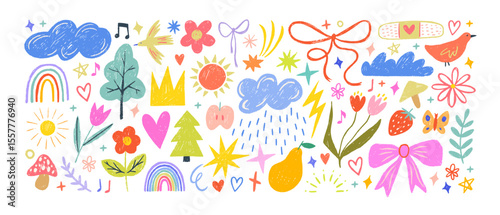 Crayon drawn kid doodle collection. Colorful childish elements like clouds, flowers, bows, rainbows and sun. Adorable girly doodle collection. Naive vector illustrations. Crayon drawn kid drawings.