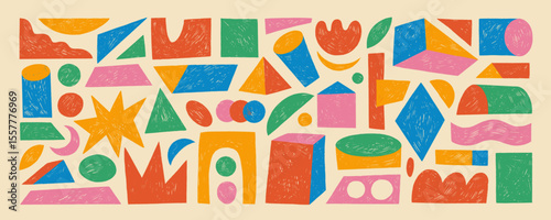 Retro colored crayon drawn isometric geometric shapes. Playful funky childish figures with pencil texture. 3d isometric geometric shapes. Set of basic figures: cube, pyramid, cylinder, star.