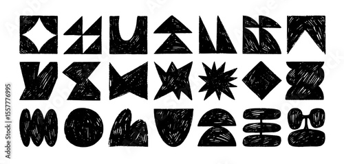 Crayon drawn brutal geometric shapes and forms. Abstract geometric graphic elements with pencil texture. Vector y2k symbols, naive charcoal figures. Trendy stickers. Swiss design aesthetic.