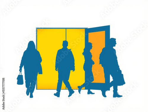 Silhouetted figures walking through a doorway with yellow and orange panels in a vibrant illustration created with generated ai