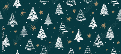 Christmas tree on blue, hand drawn illustrations