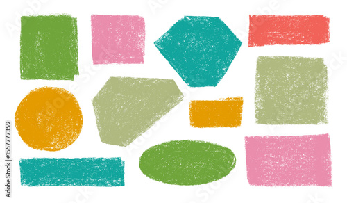 Multi colored pastel drawn basic geometric shapes with soft rough texture. Funky kid geometric forms and figures. Vector basic shapes. Crayon drawn playful abstract text boxes for childish designs.