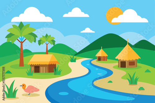 Cartoon Landscape with River, Thatched Huts, Palms, Bird, Mountains, Sun, and Clouds