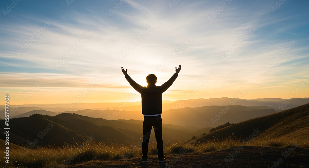 Fototapeta premium A silhouette of a person with arms raised in front of a scenic mountain landscape.