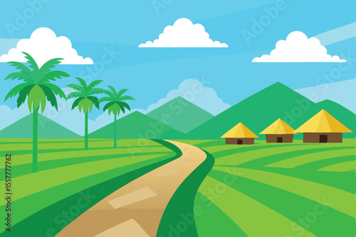 Colorful Cartoon Landscape with Palm Trees, Hills, Houses, Path, and White Clouds