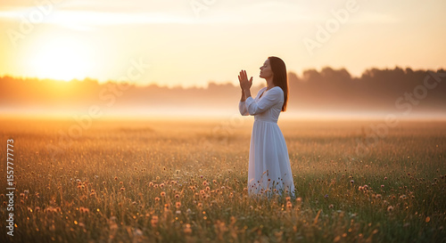 Woman in field, bathed in the sun and absorbed in prayer.