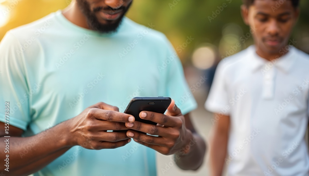 Young African American man uses smartphone outdoors. Looks at photos, videos, connecting with social network in urban environment. Bearded guy wearing light blue t-shirt. Modern tech lifestyle, Young African American man uses smartphone outdoors. Looks at photos, videos, connecting with social network in urban environment. Bearded guy wearing light blue t-shirt. Modern tech lifestyle,
