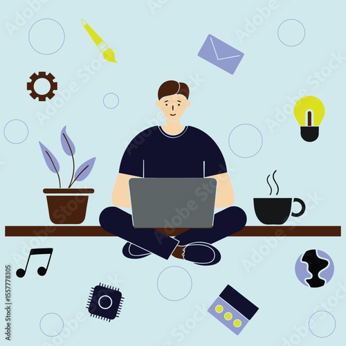 Remote Work Concept Young Man Working on Laptop with Creative Elements Around

