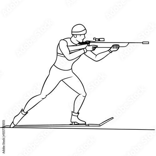 Biathlon athlete aiming with rifle while skiing in winter landscape  