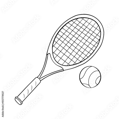 Tennis racket and ball in simple line art style  