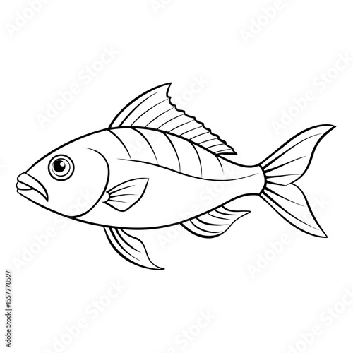 Outline drawing of a fish swimming sideways in black and white  
