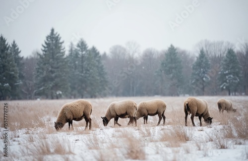 Sheep graze on snowy meadow in winter. Flock farm animals outdoors. Cold weather landscape with frost, grass, rural scene, snow and countryside. Farm animals grazing peacefully in snow.
