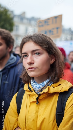 Wallpaper Mural A young White Woman in a Yellow Raincoat and Bandana, Looking Up Thoughtfully at a Climate Protest in a City Torontodigital.ca