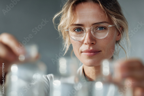 portrait of lab technician working with laboratory equipment hands out of frame on clean light gray background