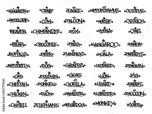 A collection of 50 black graffiti-style animal name tags, hand-drawn with bold street art vibes. Transparent background, perfect for stickers, apparel, or digital use.