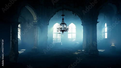 Spooky abandoned gothic mansion interior with chandelier and misty atmosphere. Concept of haunted house, eerie horror scene, medieval nightmare, dark fantasy room