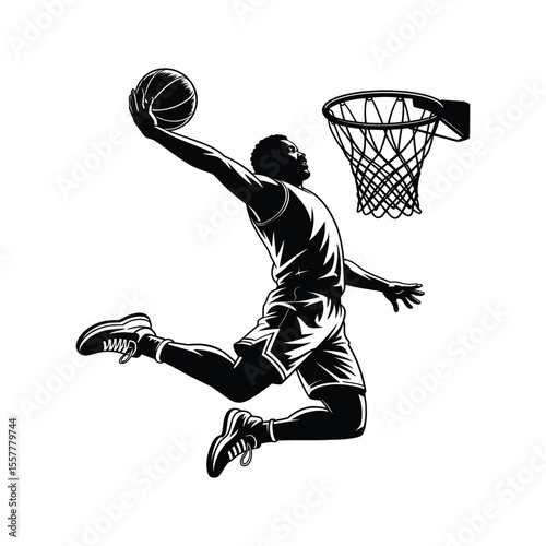 Silhouetted basketball player performing a slam dunk with the ball approaching the hoop
