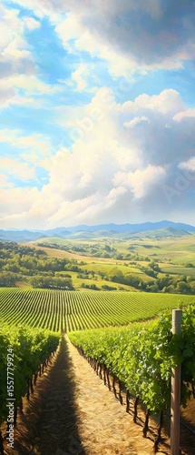 Wallpaper Mural Landscape painting of a vineyard. the sky is blue with white clouds scattered across it. the horizon is visible in the distance, with green hills and valleys. Torontodigital.ca