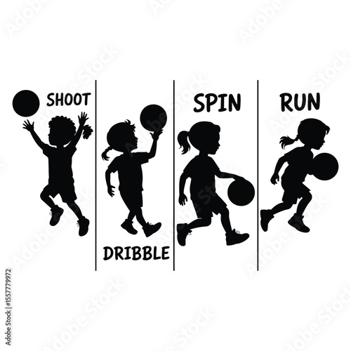Silhouetted children demonstrating basketball actions shoot dribble spin and run in a graphic design