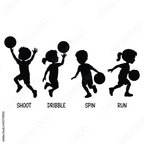 Silhouettes of kids playing basketball demonstrating different actions and techniques in black and white