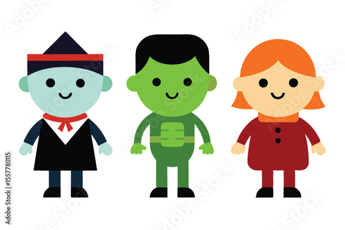 Icon set of kids dressed in costumes for Halloween colorful Vector illustration