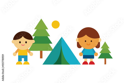 Cartoon camping adventure icons with kids and tents colorful Vector illustration