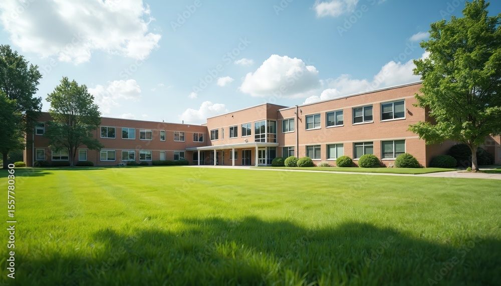 Fototapeta premium American school building exterior. Brick structure with green lawn. Academic institution with windows. Education facility. Sunny day with blue sky and clouds. Education concept.