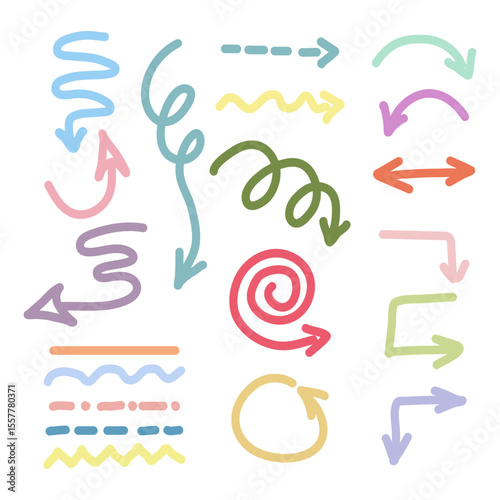 Colorful hand drawn doodle arrows set. Vector illustration with multicolored sketch style arrows, curves, spirals, zigzag and dashed lines pointing in various directions.