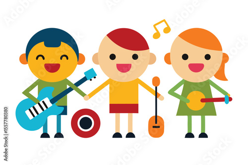 Music icon set with kids playing instruments colorful Vector illustration