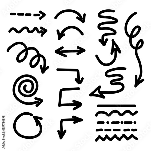 Hand drawn doodle arrows set. Black line arrows and curves in different directions. Sketch style spiral, zigzag, wavy, curved, straight, dashed lines and circles