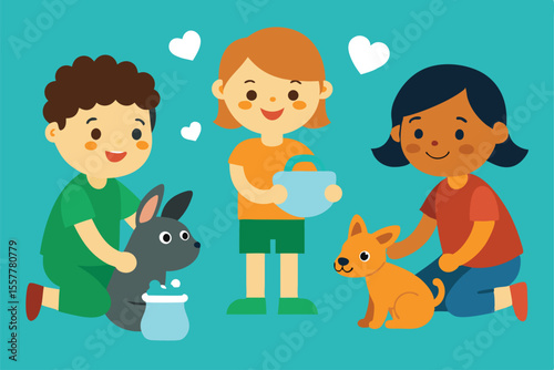 Cartoon illustration of a little boy and girl with a rabbit, smiling, enjoying childhood fun with friends