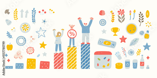 Diverse people celebrating success and achievements with symbolic elements like trophies and money