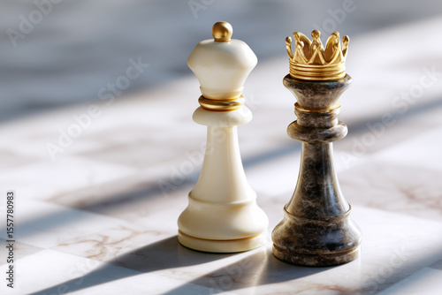 Chess queen pieces with king's crown, strategic game concept on chessboard background with shadow