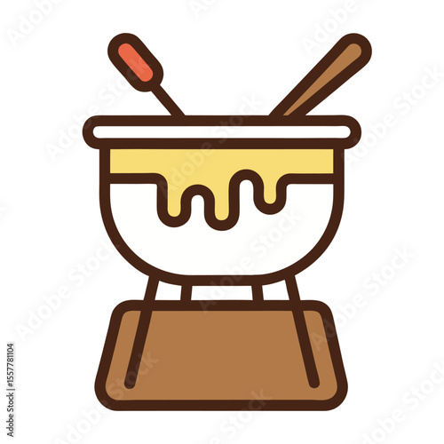 Flat Line Icon of Chocolate Fondue Pot with Dripping Chocolate – Minimalist Vector Illustration of Sweet Dessert Fountain – Simple Outline Design for Food and Party Themes