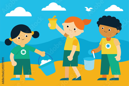 Happy cartoon family with smiling parents and kids having fun in the park, a joyful illustration of people and children