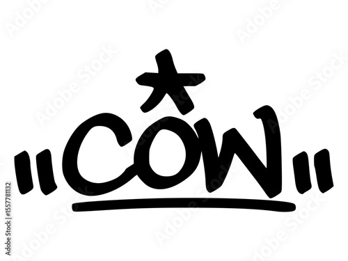 Graffiti tag of “Cow” in bold black style with urban hand lettering. Playful farm animal art with transparent background for stickers or apparel design.