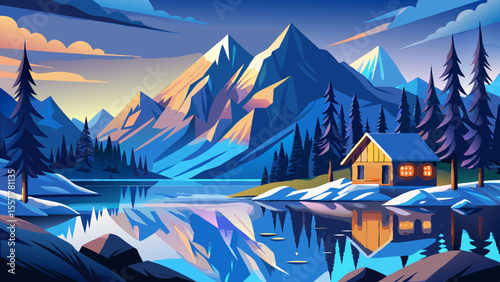 Snow-tipped mountains cradle deep blue fjords, mirrored water untouched. Small cabin rests on rocky shore, warm light through window, pine trees stretch toward distant glowing horizon.


